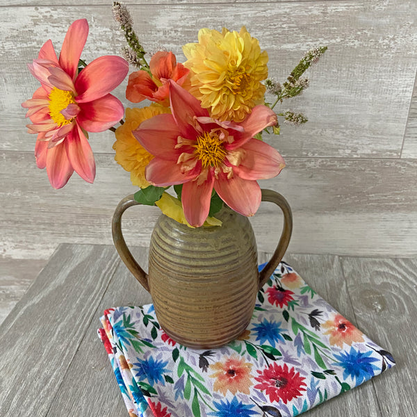 Bright dahlia flowers on cotton linen dish towel by Pattern Talent