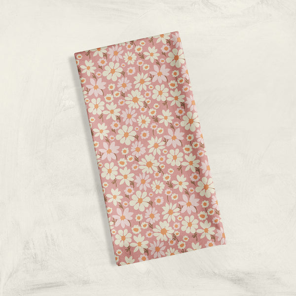 Luxury kitchen towel with daisy flowers in pink and cream by Pattern Talent