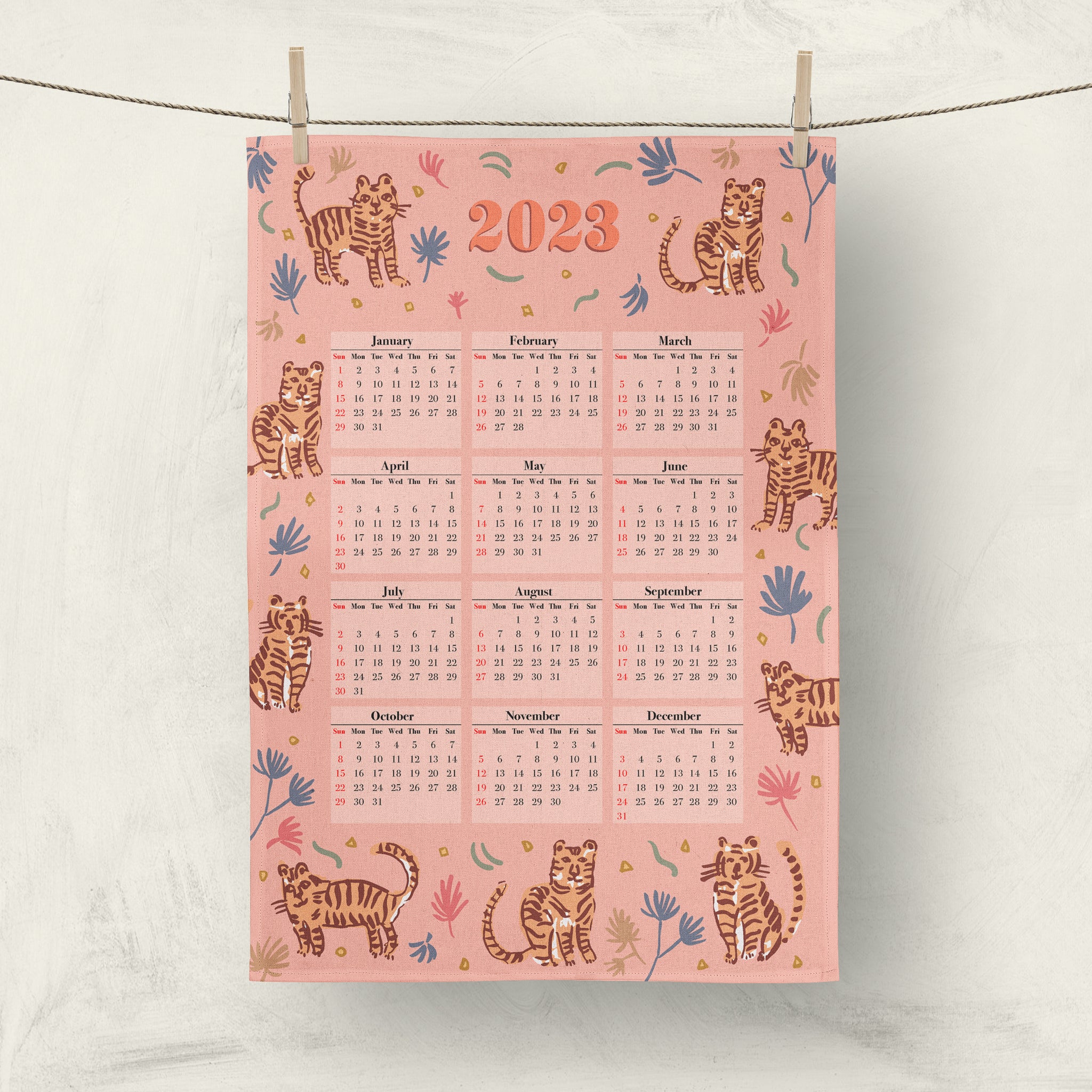 2023 calendar gift, cute tigers tea towel by Darya Karenski