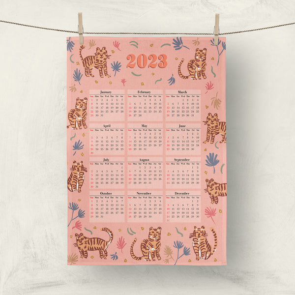 2023 calendar gift, cute tigers tea towel by Darya Karenski