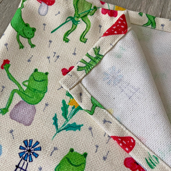Happy frogs cotton linen dish towel by Darya Karenski