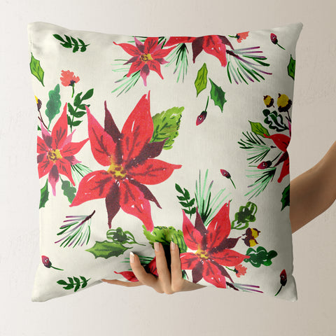 Holiday botanical painted poinsettia velvet pillow by a small woman owned business