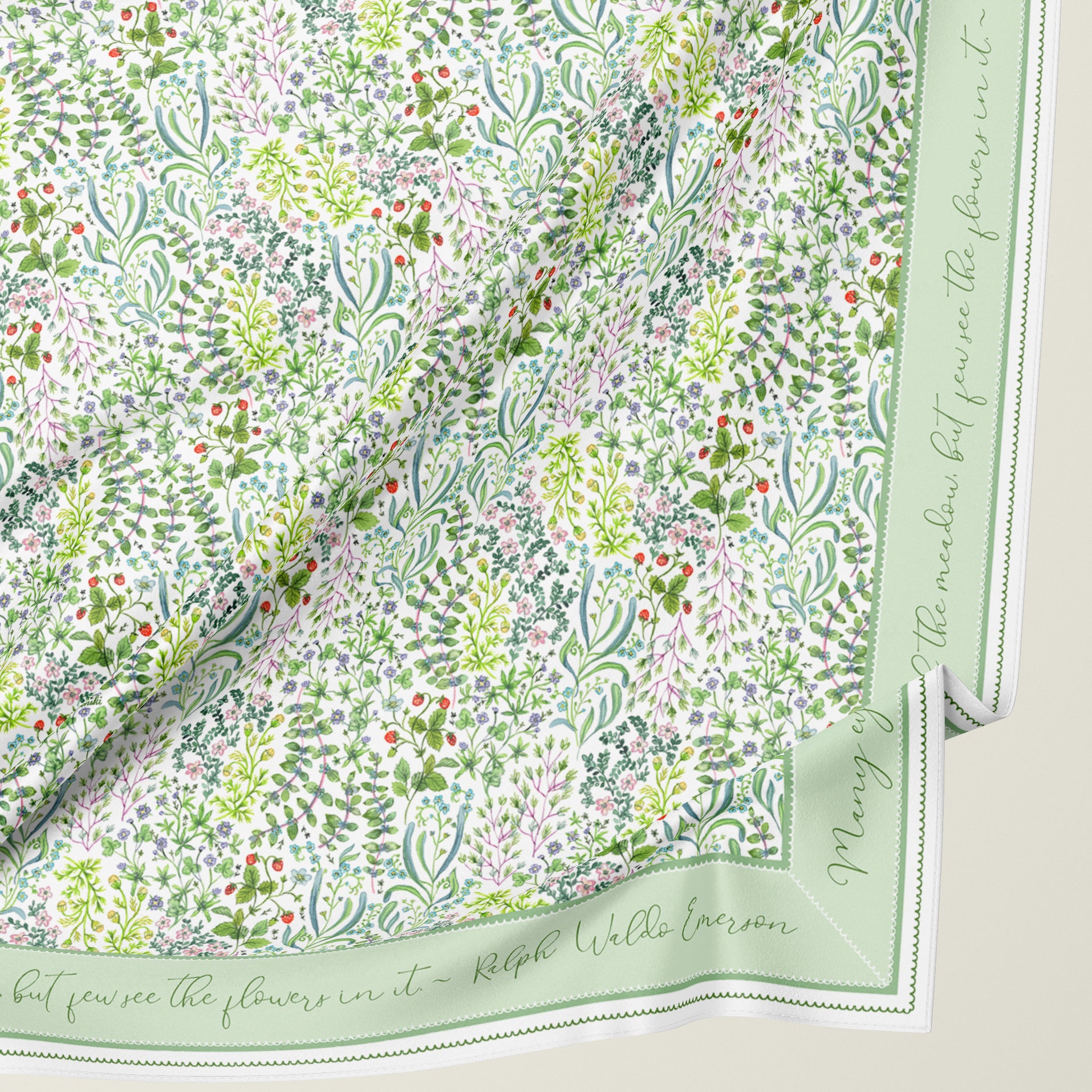 Green Silk Scarf with Honey Meadow Botanical Print - Silk Head 