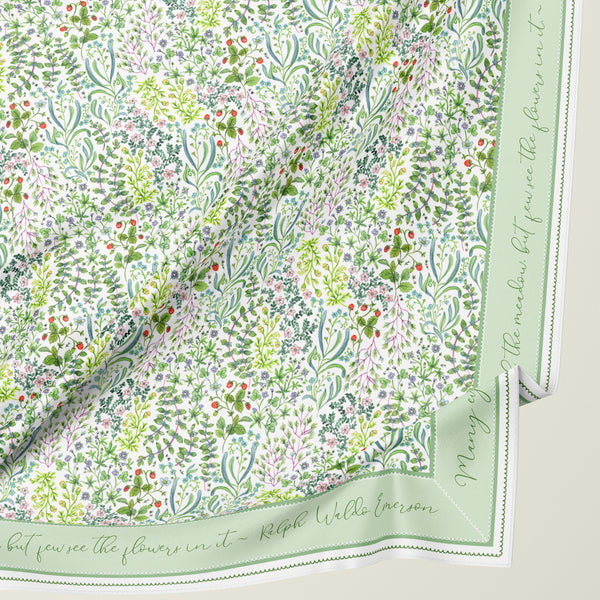 Soft and sophisticated botanical Silk scarf by Darya Karenski with meadow plants and herbs and a Ralph Waldo Emerson quote in script