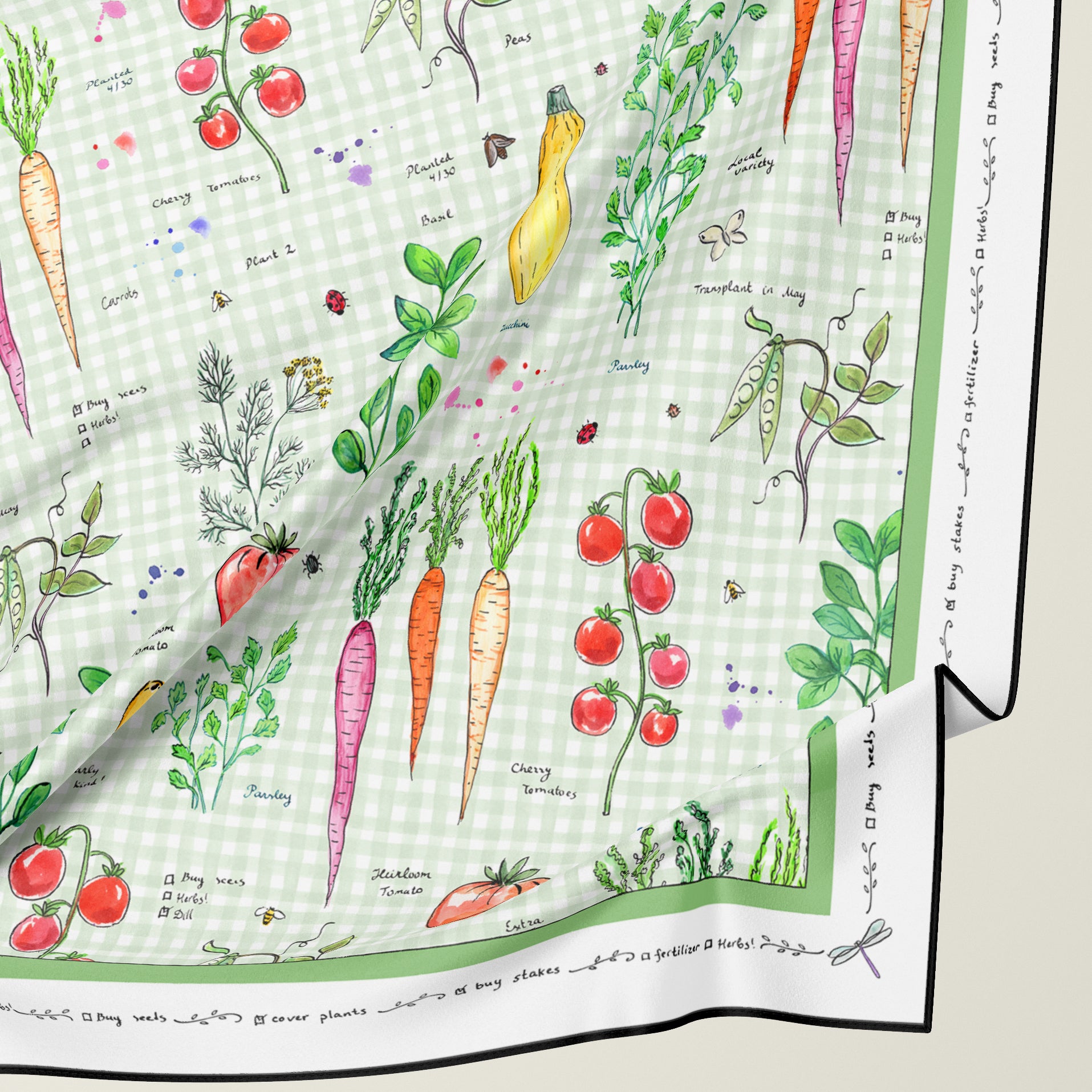 Elegant gardener gift - Sophisticated vegetable and herb garden silk scarf by Darya Karenski