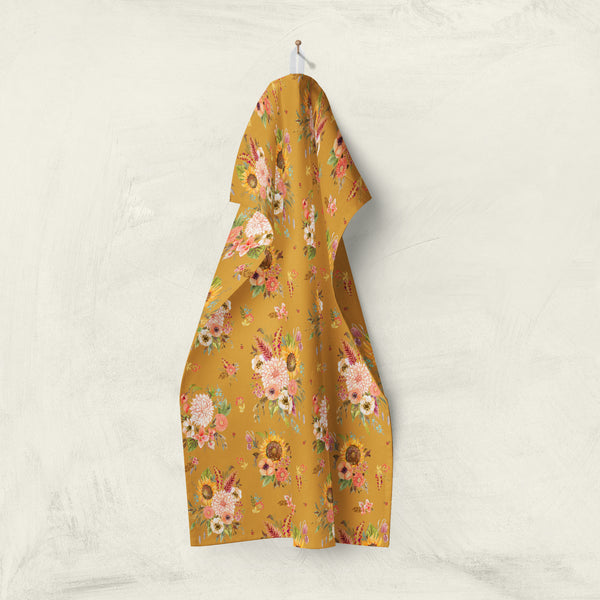 Mustard yellow floral dish towel by Darya Karenski