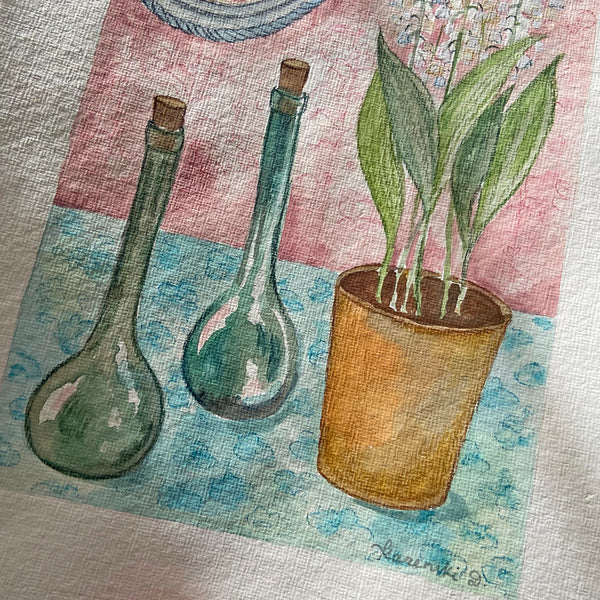 Terracotta pot gardening, green glass bottles still life, rustic living watercolor
