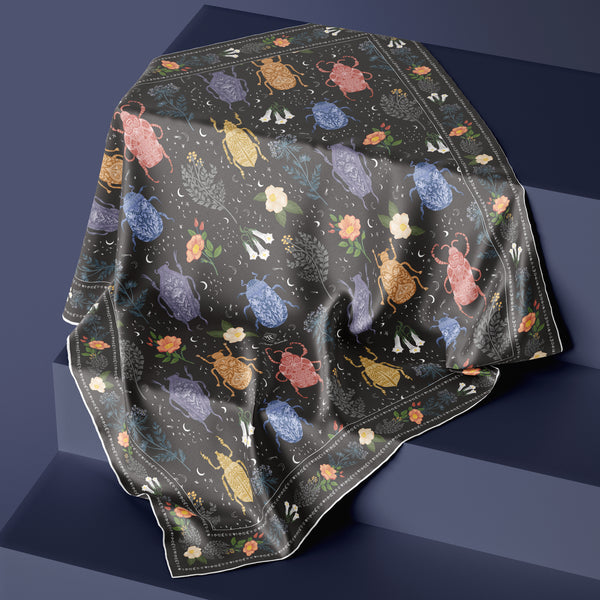 Sophisticated silk scarf with folk floral bugs, beetles, insects on black Pattern Talent by Darya Karenski