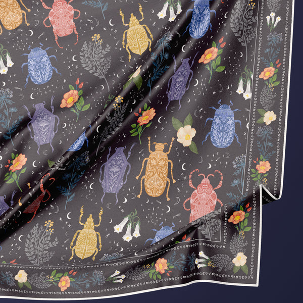 Genuine silk scarf Nocturnal bugs by Darya Karenski. Black background floral beetles design
