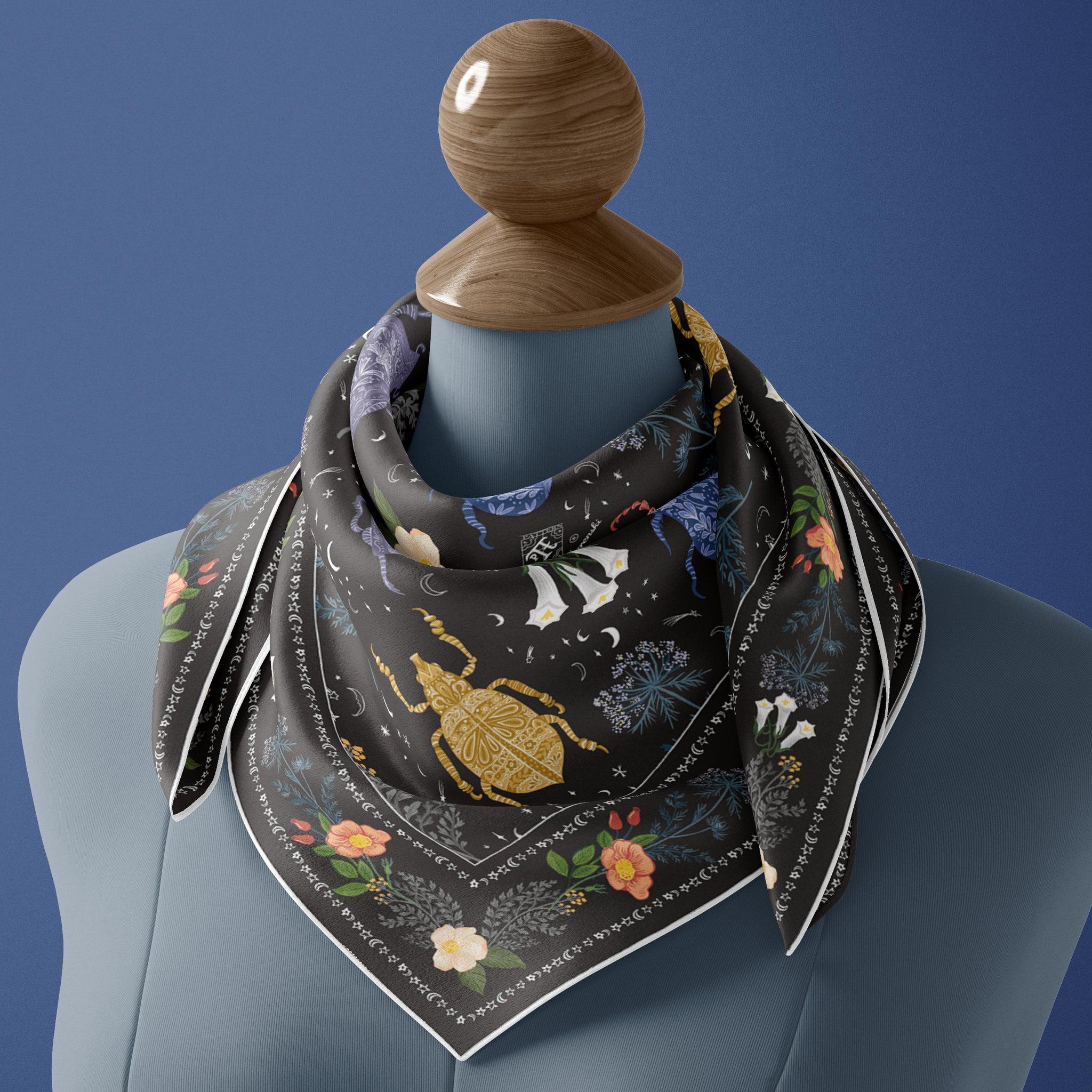 Night Bugs Square Silk Scarf | Silk Head Scarf with Nocturnal Bugs