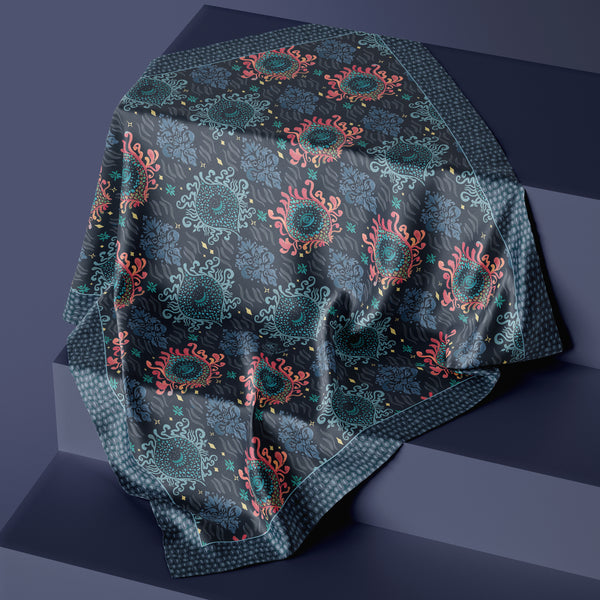 Magical dark navy silk scarf made in Canada Pattern Talent by Darya Karenski