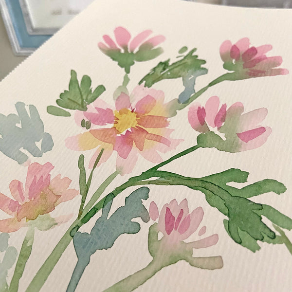 Closeup of pink daisy botanical illustration by Darya Karenski