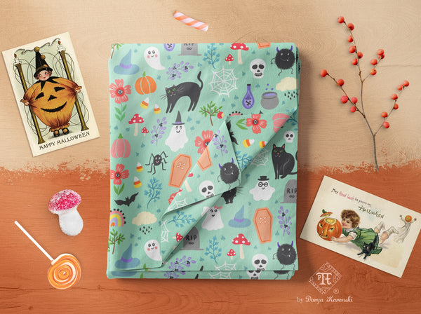 Playful Halloween fabric, tea towel by woman owned small business USA