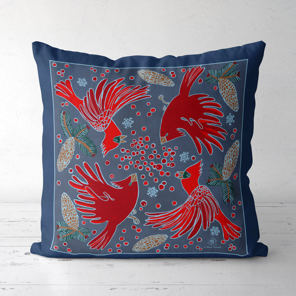 Winter birds holiday pillow by a small woman owned business