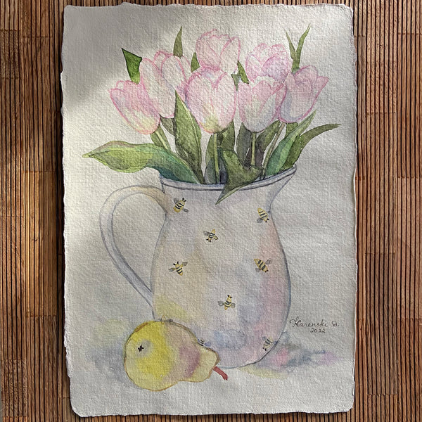 Pink tulips and pear small home garden painting on cotton paper
