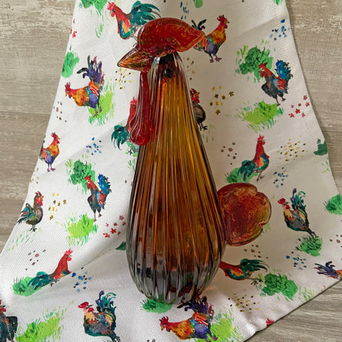 Organic cotton hemp dish towel with roosters by Darya Karenski